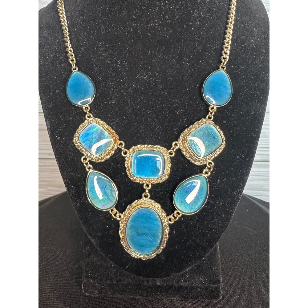 2028 Statement Vintage Necklace Women Blue Excellent Gold Tone Faux Stone Bib